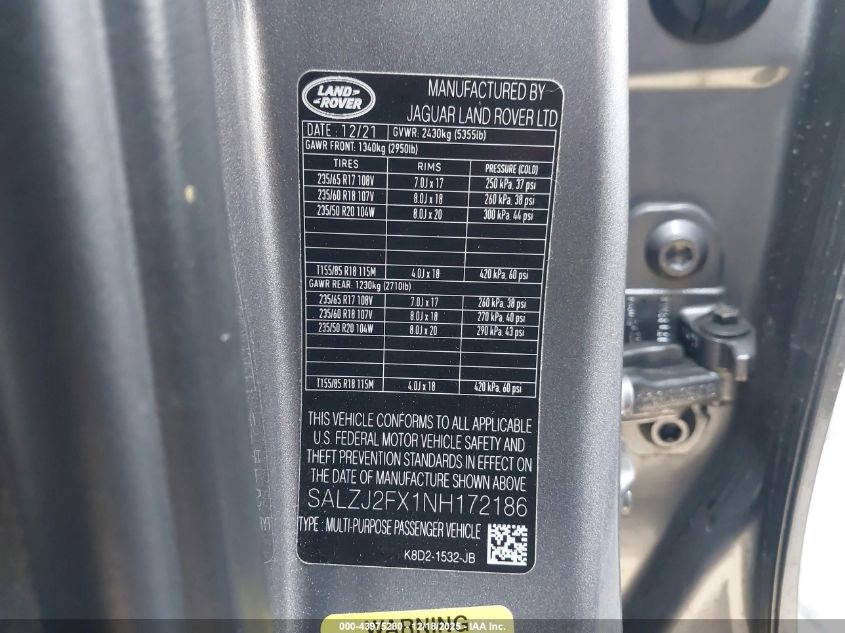 2022 Land Rover Range Rover Evoque S VIN: SALZJ2FX1NH172186 Lot: 43975280