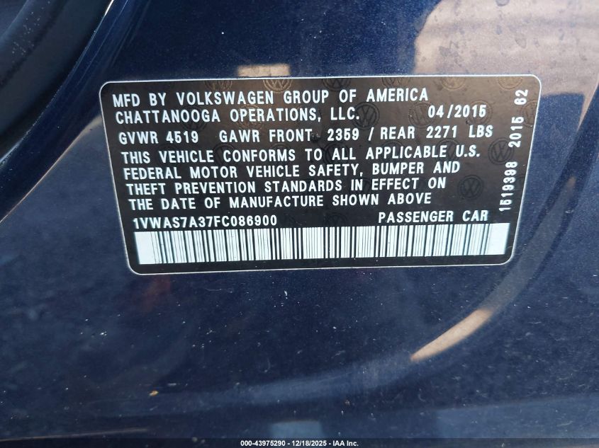 2015 Volkswagen Passat 1.8T Limited Edition VIN: 1VWAS7A37FC086900 Lot: 43975290