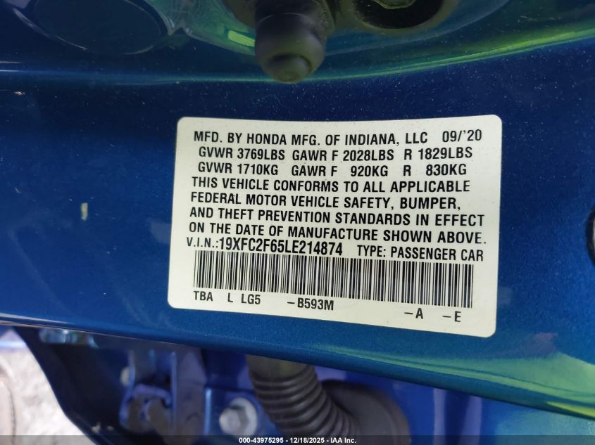 2020 Honda Civic Lx VIN: 19XFC2F65LE214874 Lot: 43975295