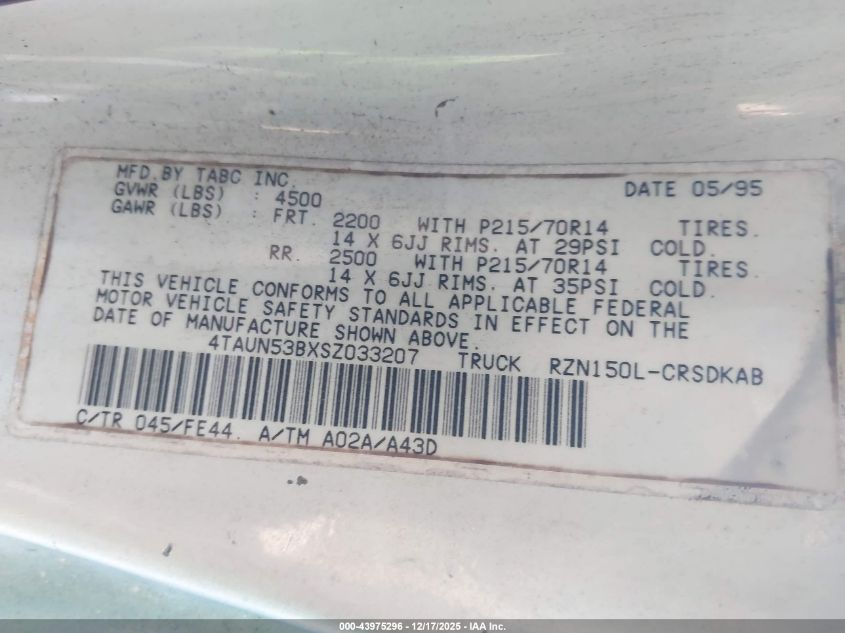 1995 Toyota Tacoma Xtracab VIN: 4TAUN53BXSZ033207 Lot: 43975296