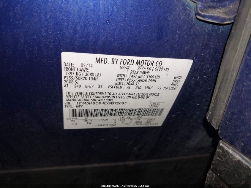 2014 Ford Explorer Xlt VIN: 1FM5K8D84EGB72685 Lot: 43975297