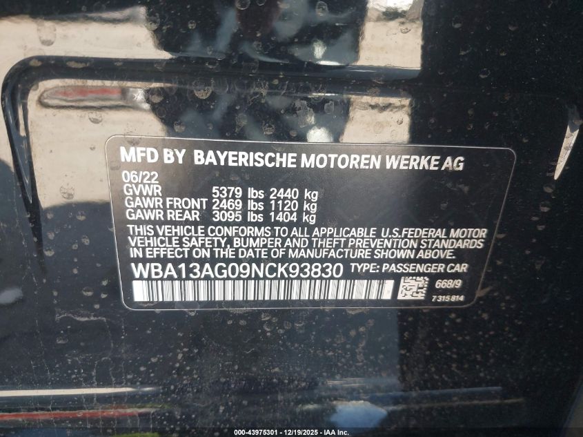 2022 BMW 530E VIN: WBA13AG09NCK93830 Lot: 43975301