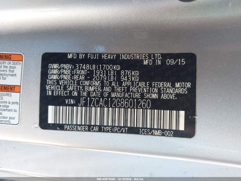 2016 Subaru Brz Limited VIN: JF1ZCAC12G8601260 Lot: 43975306