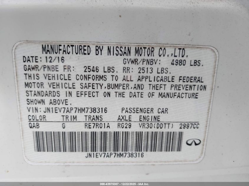 2017 Infiniti Q50 3.0T Premium VIN: JN1EV7AP7HM738316 Lot: 43975307