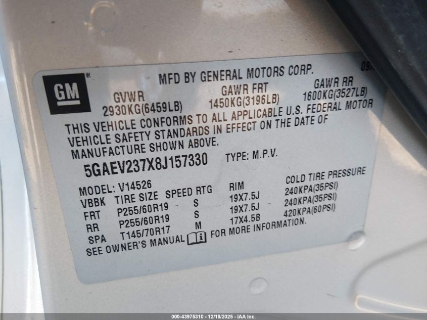 2008 Buick Enclave Cxl VIN: 5GAEV237X8J157330 Lot: 43975310