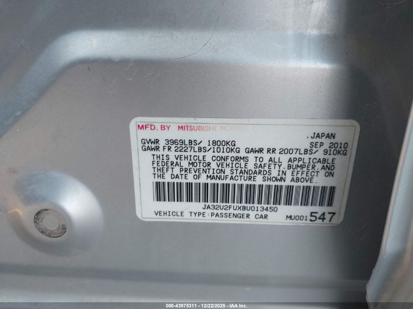 2011 Mitsubishi Lancer Es VIN: JA32U2FUXBU013450 Lot: 43975311