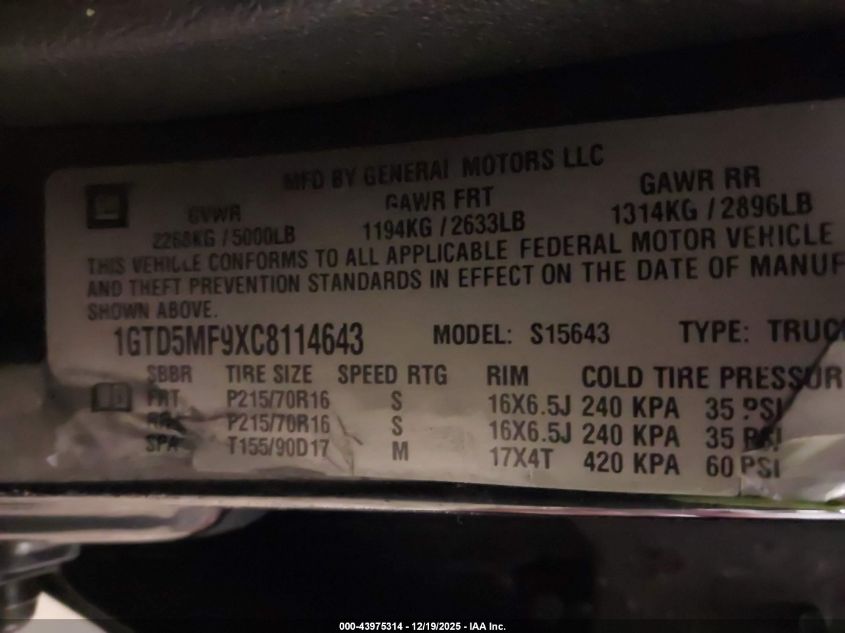 2012 GMC Canyon Sle1 VIN: 1GTD5MF9XC8114643 Lot: 43975314