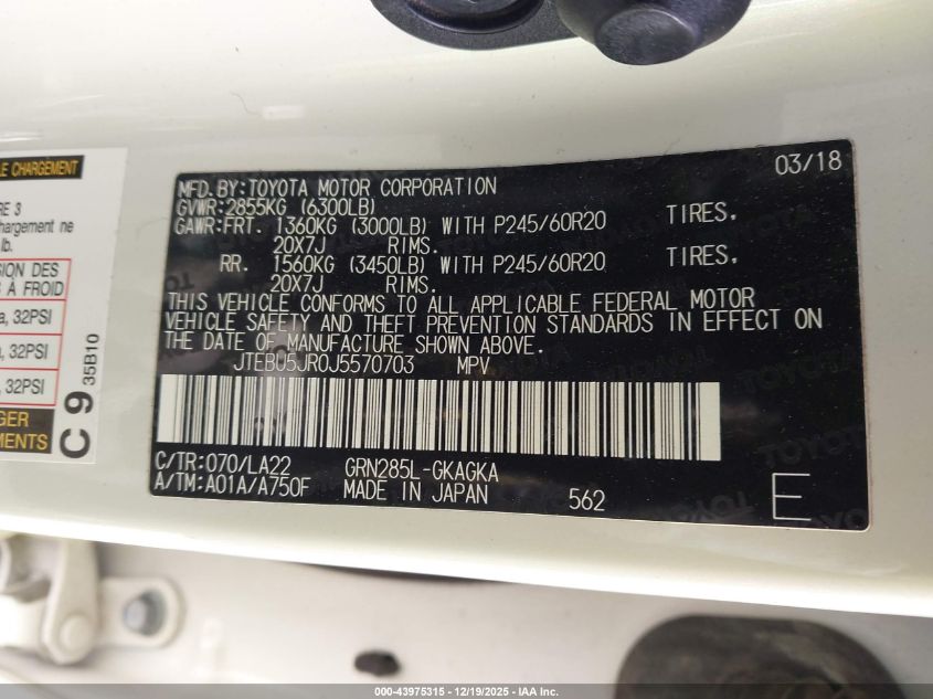 2018 Toyota 4Runner Limited VIN: JTEBU5JR0J5570703 Lot: 43975315