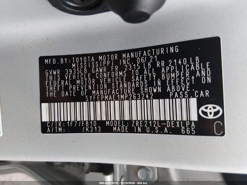 2021 Toyota Corolla Le VIN: 5YFEPMAE1MP263242 Lot: 43975319