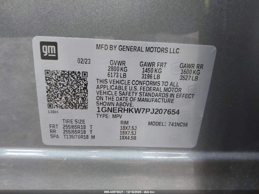 2023 Chevrolet Traverse Fwd Lt Leather VIN: 1GNERHKW7PJ207654 Lot: 43975321