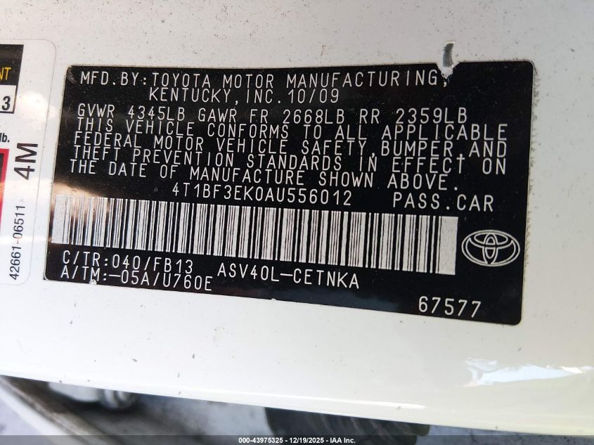 2010 Toyota Camry Le VIN: 4T1BF3EK0AU556012 Lot: 43975325