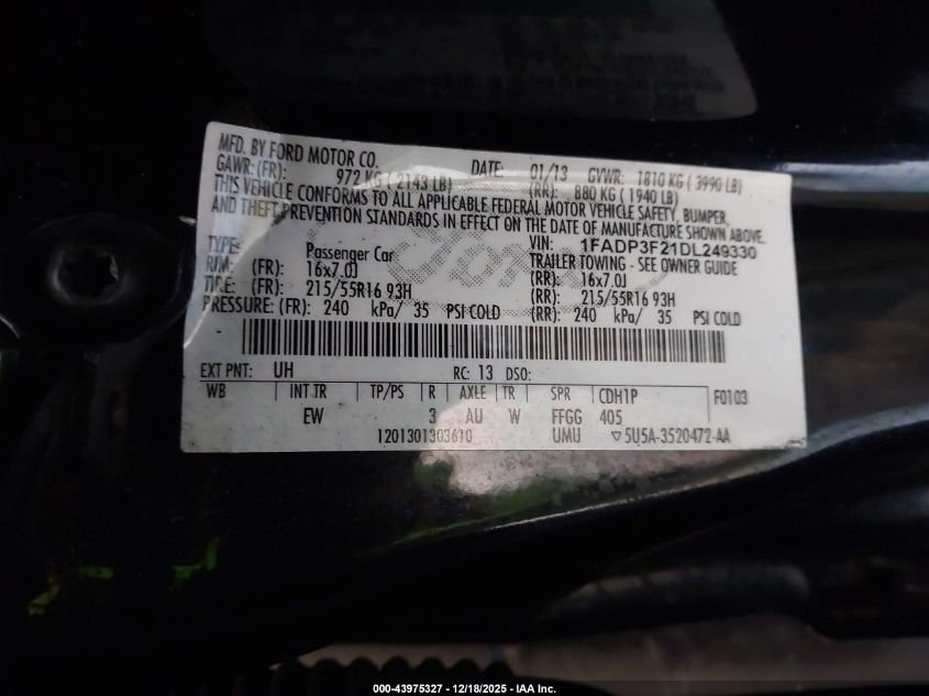 2013 Ford Focus Se VIN: 1FADP3F21DL249330 Lot: 43975327