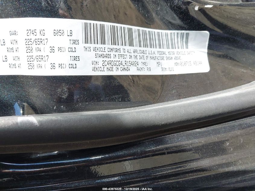 2020 Dodge Grand Caravan Sxt VIN: 2C4RDGCG4LR154024 Lot: 43975329