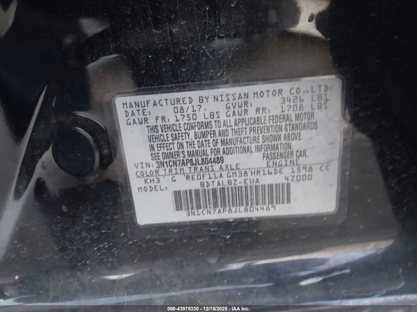 2018 Nissan Versa 1.6 Sv VIN: 3N1CN7AP8JL804489 Lot: 43975330