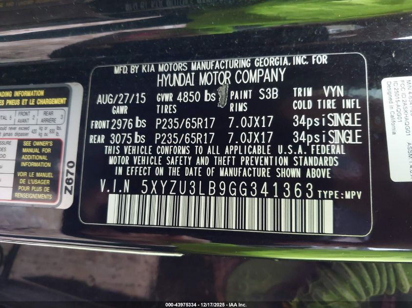 2016 Hyundai Santa Fe Sport 2.4L VIN: 5XYZU3LB9GG341363 Lot: 43975334