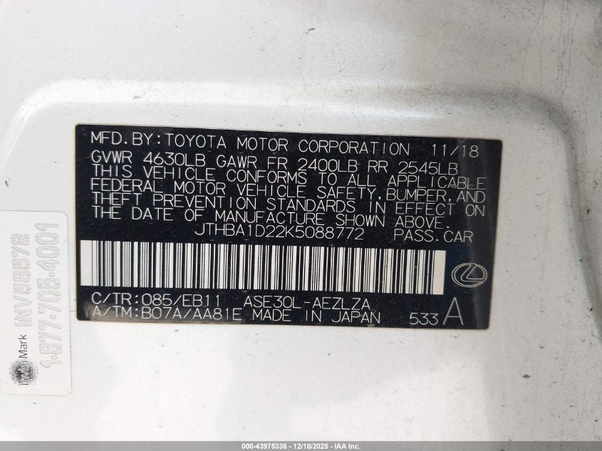 2019 Lexus Is 300 VIN: JTHBA1D22K5088772 Lot: 43975336