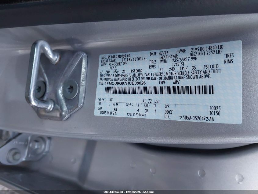 2017 Ford Escape Se VIN: 1FMCU9G97HUB08626 Lot: 43975338