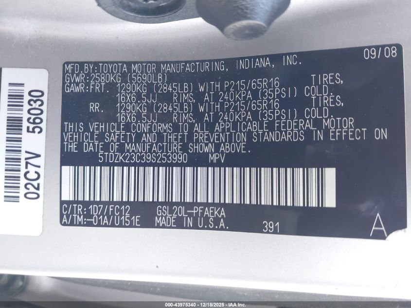 2009 Toyota Sienna Le VIN: 5TDZK23C39S253990 Lot: 43975340