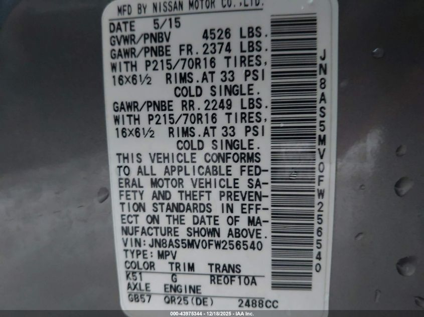 2015 Nissan Rogue Select S VIN: JN8AS5MV0FW256540 Lot: 43975344