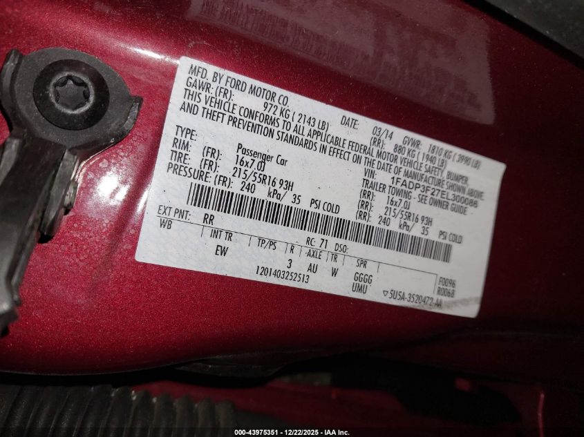 2014 Ford Focus Se VIN: 1FADP3F27EL300086 Lot: 43975351