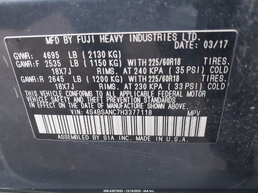 2017 Subaru Outback 2.5I Limited VIN: 4S4BSANC7H3377118 Lot: 43975352