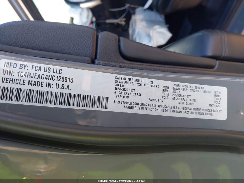 2022 Jeep Grand Cherokee Wk Laredo X 4X2 VIN: 1C4RJEAG4NC126915 Lot: 43975354