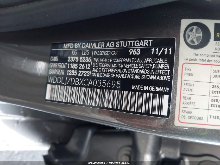 2012 Mercedes-Benz Cls 550 VIN: WDDLJ7DBXCA035695 Lot: 43975363