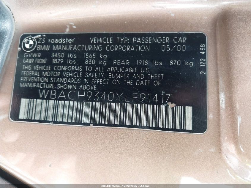 2000 BMW Z3 2.3 VIN: WBACH9340YLF91417 Lot: 43975364