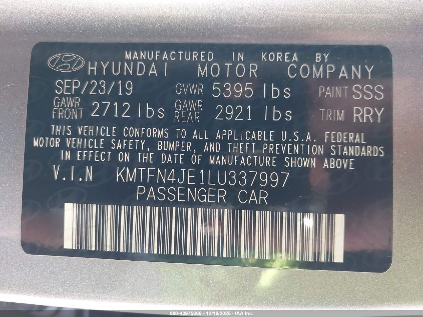 2020 Genesis G80 3.8 Awd VIN: KMTFN4JE1LU337997 Lot: 43975366