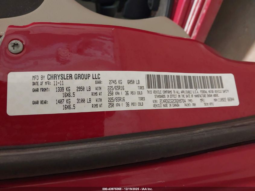 2012 Dodge Grand Caravan Sxt VIN: 2C4RDGCG2CR209764 Lot: 43975368