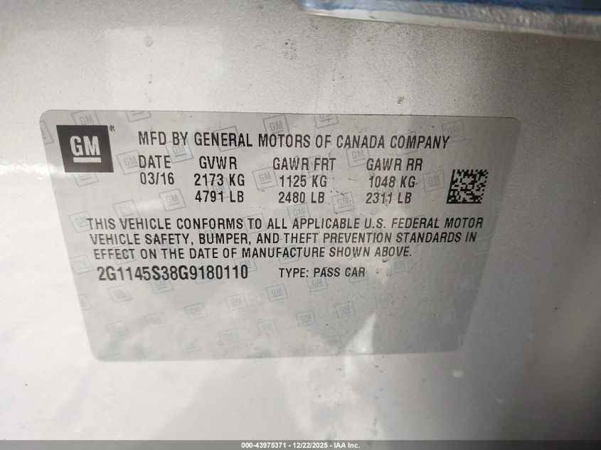 2016 Chevrolet Impala 2Lz VIN: 2G1145S38G9180110 Lot: 43975371