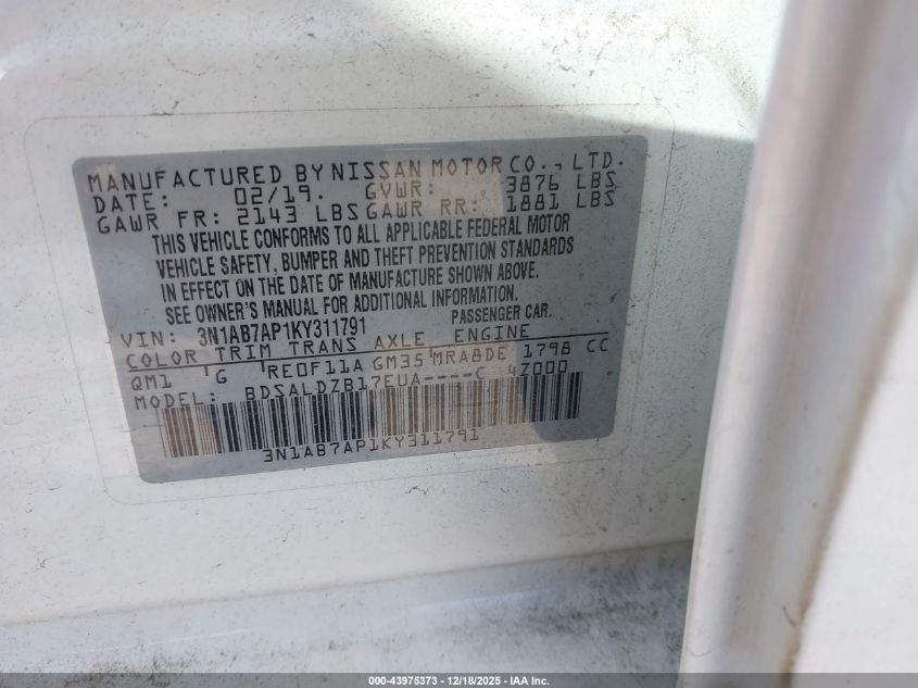 2019 Nissan Sentra Sv VIN: 3N1AB7AP1KY311791 Lot: 43975373