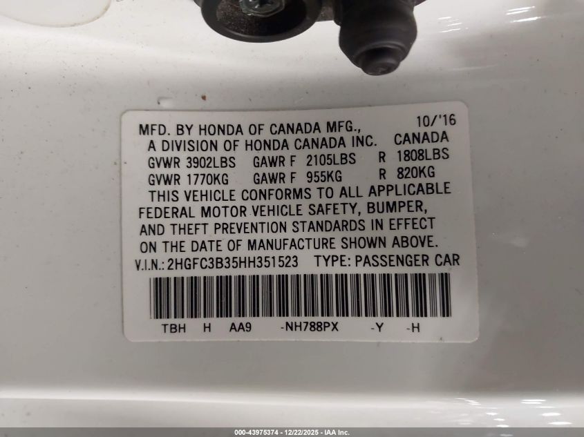 2017 Honda Civic Ex-T VIN: 2HGFC3B35HH351523 Lot: 43975374