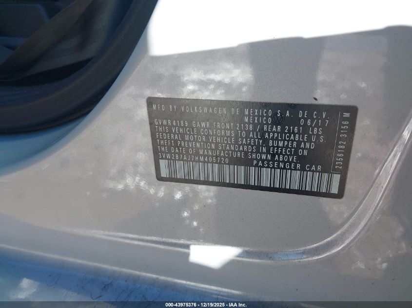 2017 Volkswagen Jetta 1.4T S VIN: 3VW2B7AJ7HM405720 Lot: 43975376