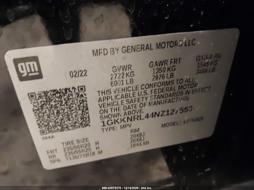 2022 GMC Acadia Awd Sle VIN: 1GKKNRL44NZ127550 Lot: 43975378