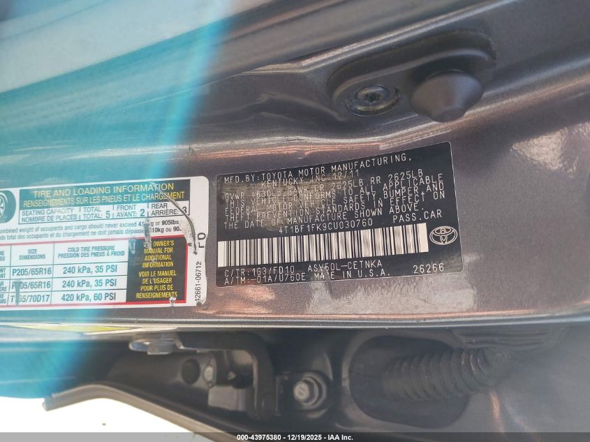 2012 Toyota Camry Le VIN: 4T1BF1FK9CU030760 Lot: 43975380