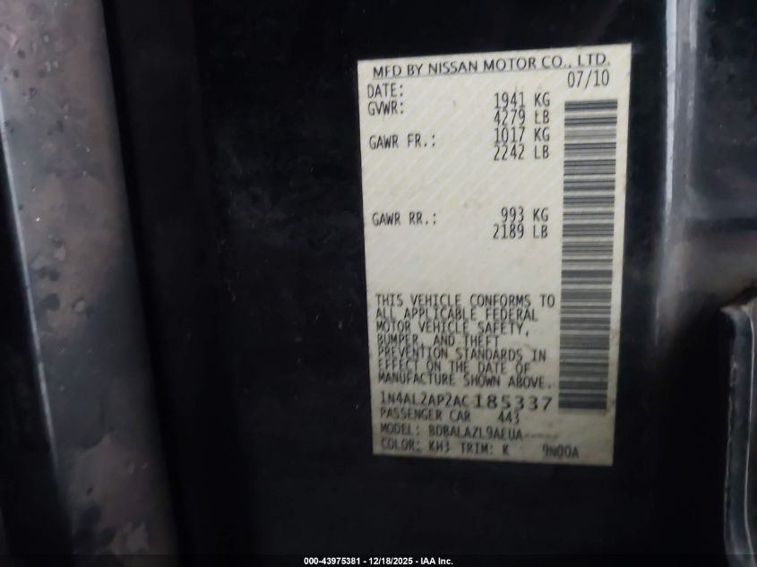 2010 Nissan Altima 2.5 VIN: 1N4AL2AP2AC185337 Lot: 43975381