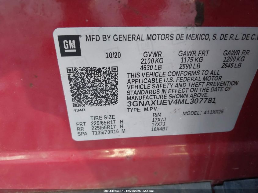 2021 Chevrolet Equinox Awd Lt VIN: 3GNAXUEV4ML307781 Lot: 43975387