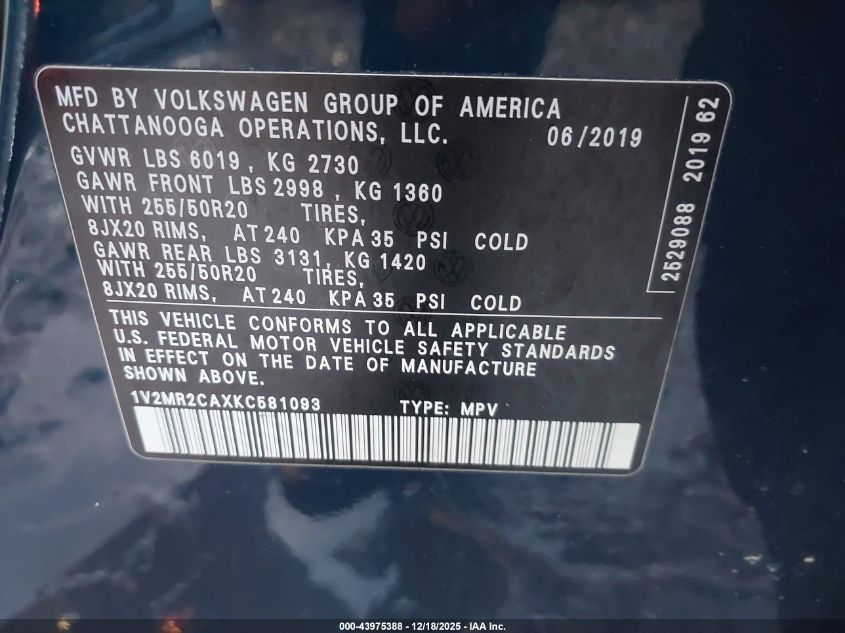 2019 Volkswagen Atlas 3.6L V6 Sel VIN: 1V2MR2CAXKC581093 Lot: 43975388
