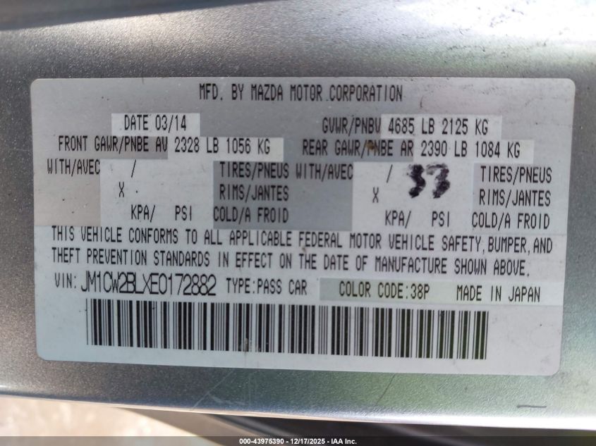 2014 Mazda Mazda5 Sport VIN: JM1CW2BLXE0172882 Lot: 43975390