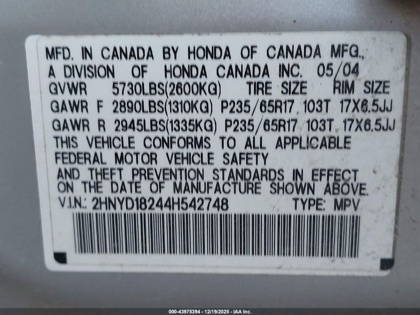 2004 Acura Mdx VIN: 2HNYD18244H542748 Lot: 43975394