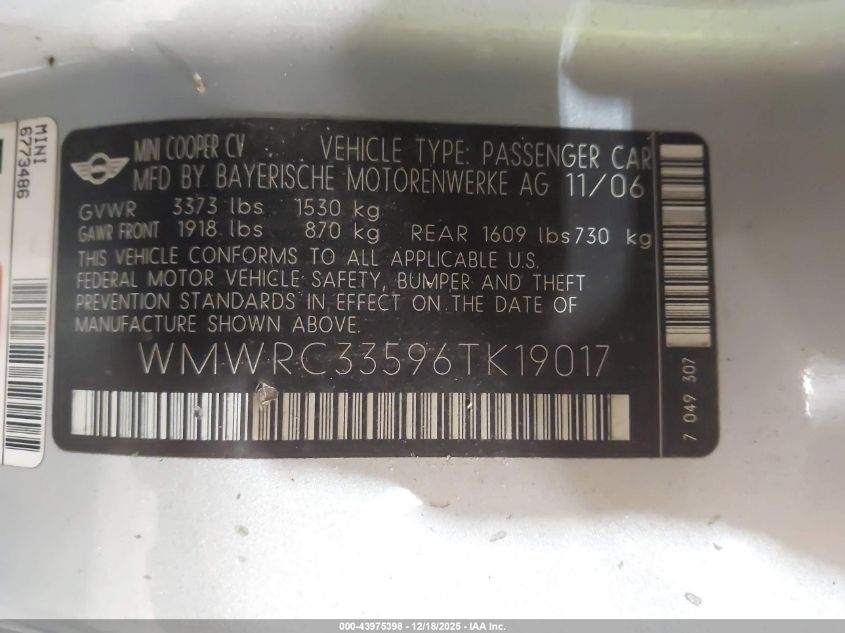 2006 Mini Cooper VIN: WMWRC33596TK19017 Lot: 43975398