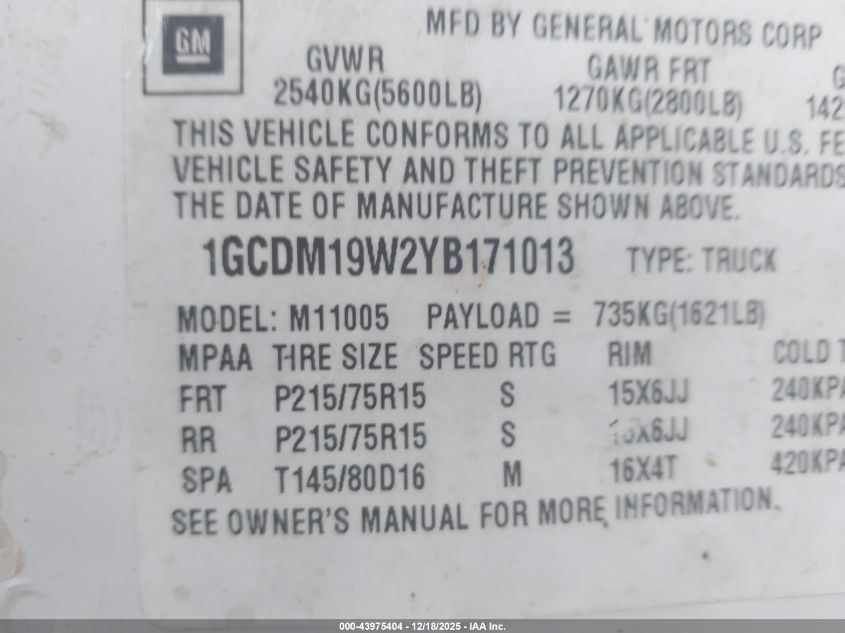 2000 Chevrolet Astro VIN: 1GCDM19W2YB171013 Lot: 43975404