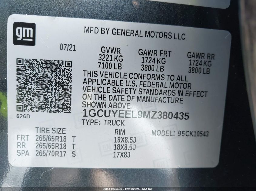 2021 Chevrolet Silverado 1500 4Wd Short Bed Rst VIN: 1GCUYEEL9MZ380435 Lot: 43975406