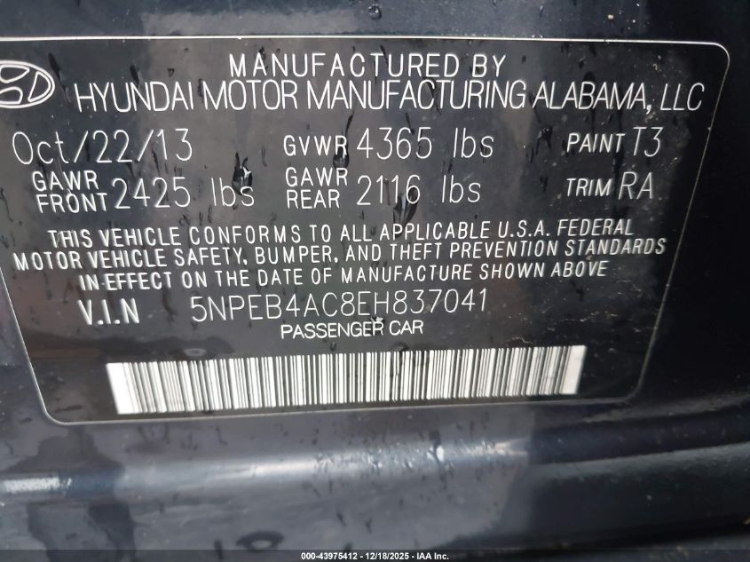 2014 Hyundai Sonata Gls VIN: 5NPEB4AC8EH837041 Lot: 43975412