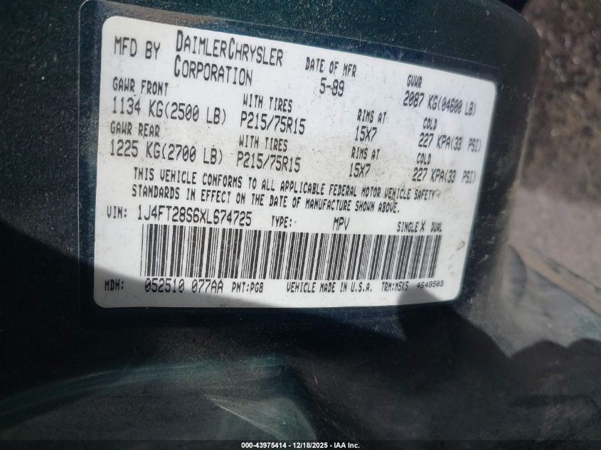 1999 Jeep Cherokee Se VIN: 1J4FT28S6XL674725 Lot: 43975414