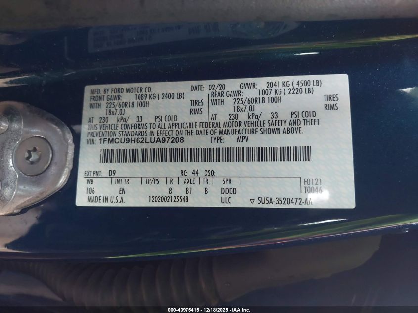 2020 Ford Escape Sel VIN: 1FMCU9H62LUA97208 Lot: 43975415