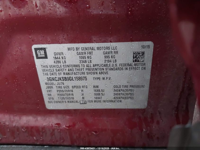 2016 Chevrolet Trax 1Ls VIN: 3GNCJKSB9GL158975 Lot: 43975421