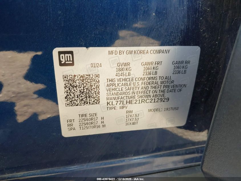 2024 Chevrolet Trax Fwd Lt VIN: KL77LHE21RC212929 Lot: 43975423