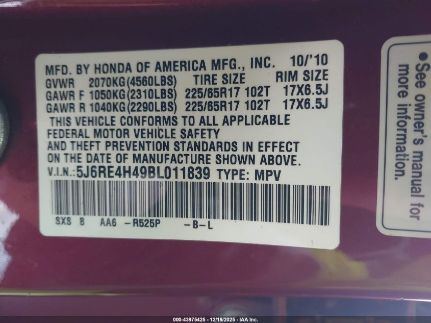 2011 Honda Cr-V Se VIN: 5J6RE4H49BL011839 Lot: 43975425